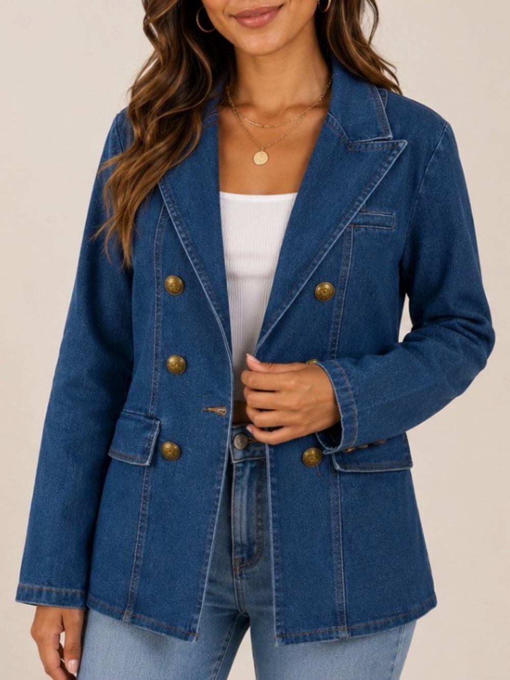 EBOSSY~ Double-Breasted Denim Stretch Blazer Jacket - Blue Size M